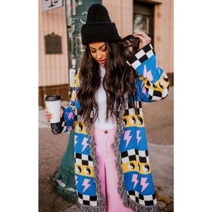 Dressed in LALA Wonderstruck Luxe Fringe Cardigan L/XL Novelty Print Graphic